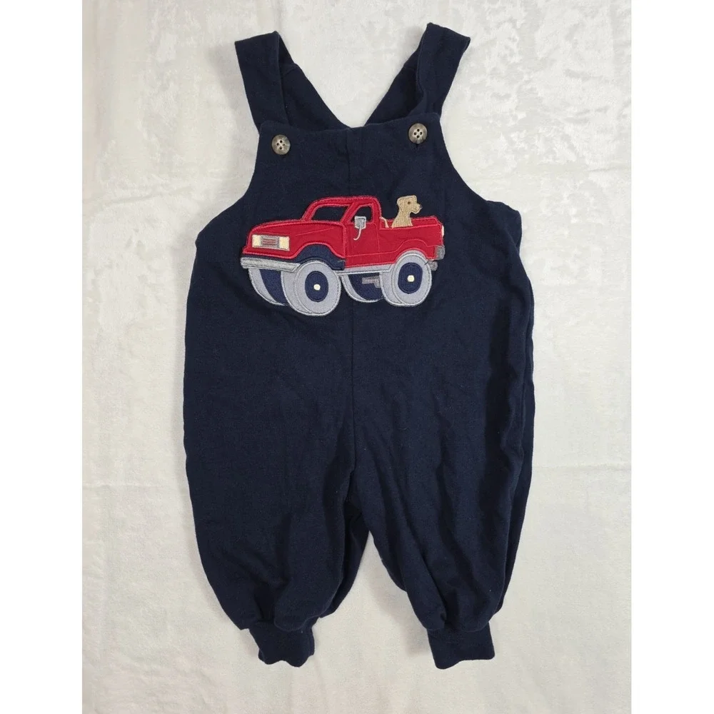 Y2K Baby Boy Navy Truck Puppy Overalls Romper 6-9M Cute Outfit